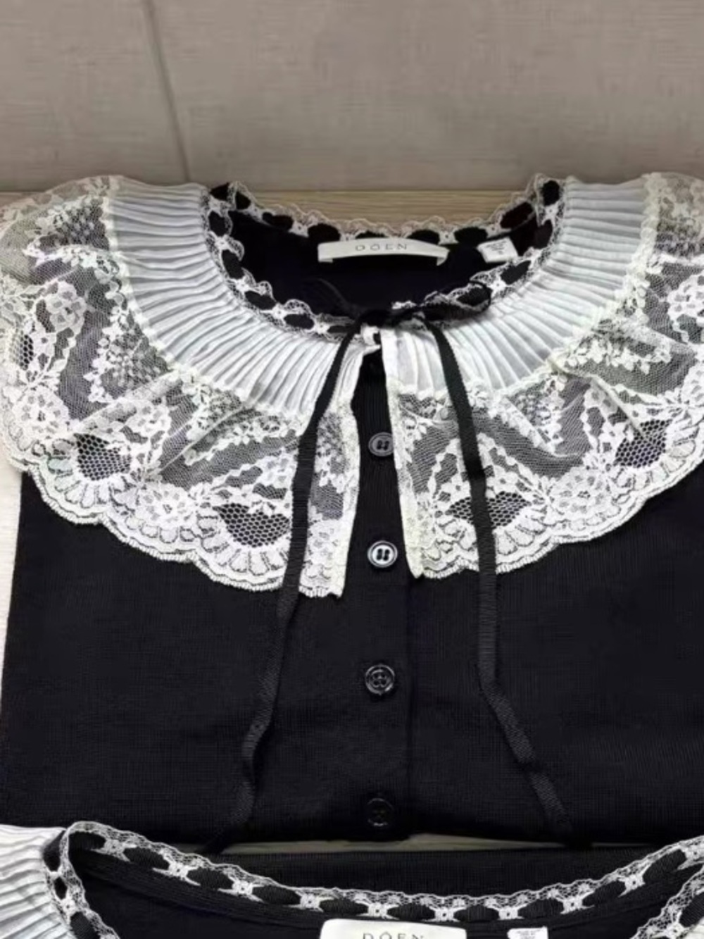 Doen Emilienne Cardigan Black Button Cardigan with Ivory Lace Collar, S - Picture 9 of 9
